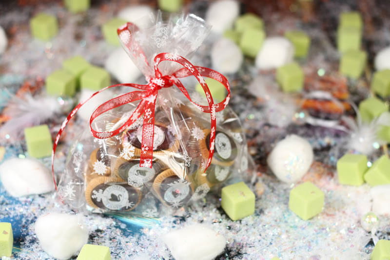 Biscuits with Chocolate - 110g 20 Biscuits in a Bag with printed snow flakes and ribbon