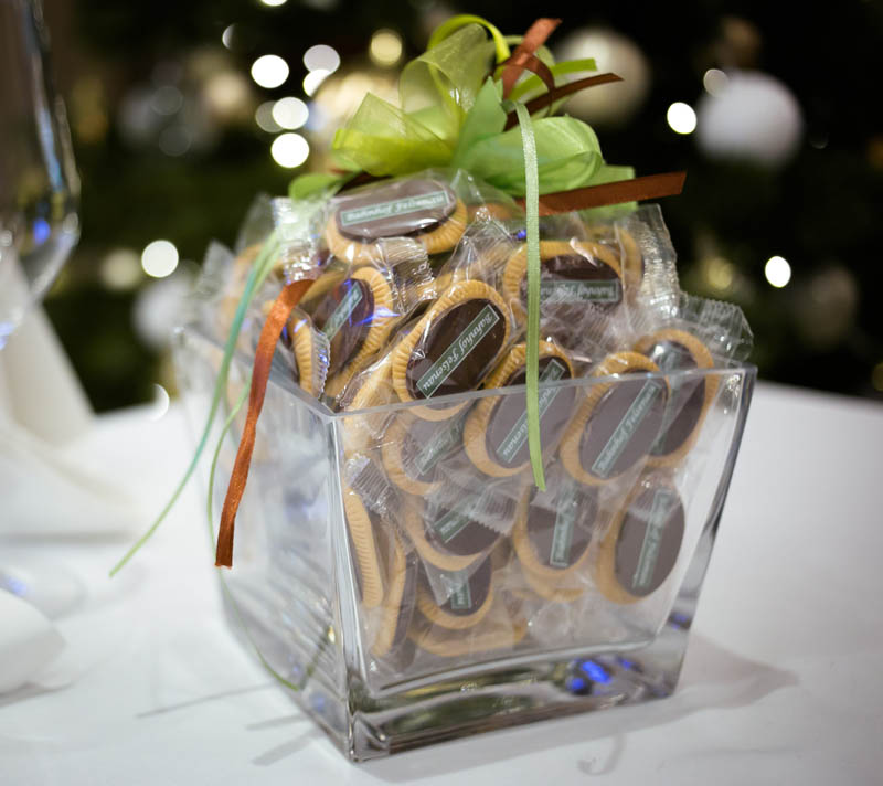 Christmas Gift Baskets - 450g Glass vase filled with 40 pcs of 5 g biscuits topped with branded chocolate bar